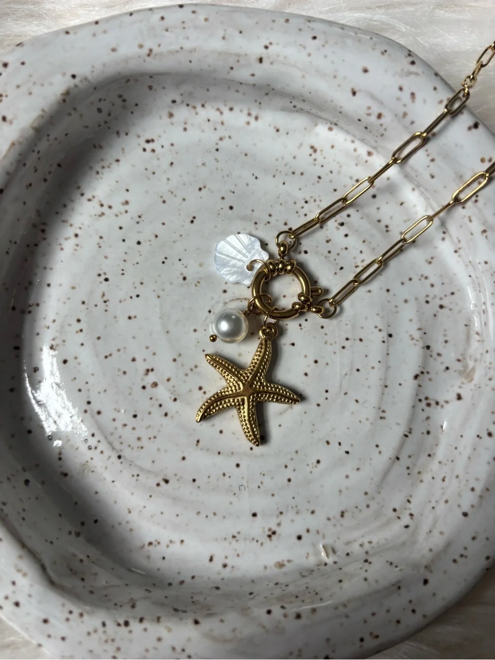 Gold Starfish Pendant Necklace with Pearl and Shell Charm